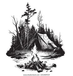 a tent in the woods with a campfire and trees around it, vintage line drawing or engraving style