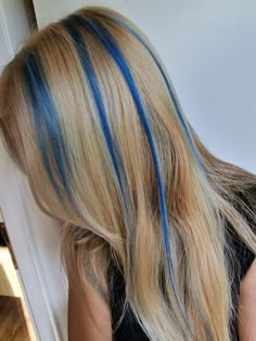 #blue #highlights Blonde And Dark Blue Hair, Colour Highlights Hair, Blond Hair Blue Highlights, Hair Streaks Short Hair, Blue On Blonde Hair, Blue And Light Brown Hair, Blonde Hair With Dark Blue Highlights, Blond Hair With Blue Highlights, Blonde Hair With Colorful Highlights