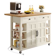 a white kitchen island with wooden top and drawers on casteors is shown against a white background