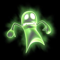 a glowing green cartoon character in the dark