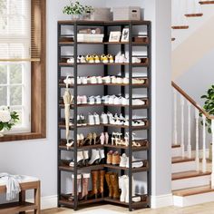 a shoe rack in the corner of a room