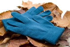 a pair of blue gloves sitting on top of leaves