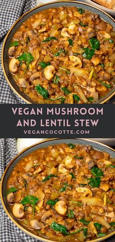 vegan mushroom and lentil stew with spinach leaves in a large pan on a table