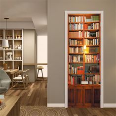 an open bookcase door in a living room