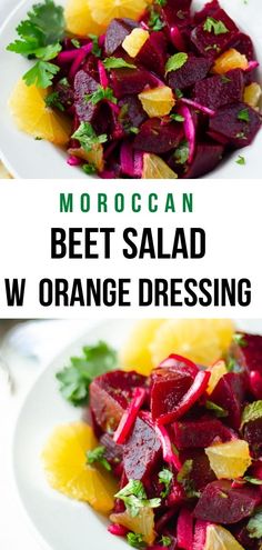 beet salad with oranges and cilantro on the side is shown in two separate images