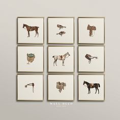 six framed pictures with horses and other animals