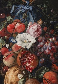 a painting of fruit and flowers on display