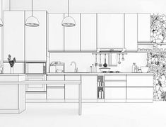 a black and white drawing of a kitchen