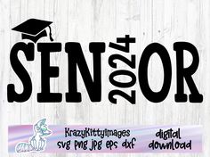 the word senior with a graduation cap above it and an image of a dog wearing a hat