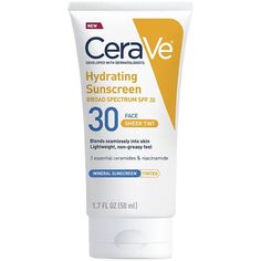 CeraVe Hydrating Sunscreen Face Sheer Tint SPF 30 | Ulta Beauty Cerave Skincare, Sunscreen Face, Dermatologist Recommended Skincare, Tinted Spf, Best Sunscreens, Facial Sunscreen, Sunscreen Lotion, Face Lotion, Protector Solar