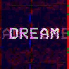 the word dream written in white letters on a red and blue background with green lines