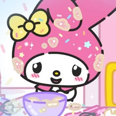 a cartoon character holding a bowl with donuts on it's head and wearing a pink hat