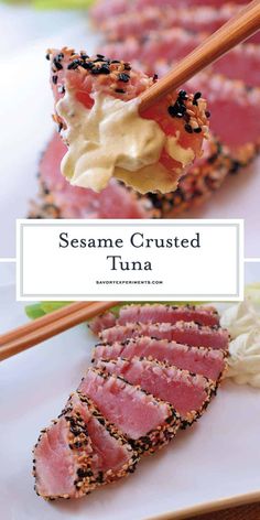 sesame crusted tuna on a white plate with chopsticks