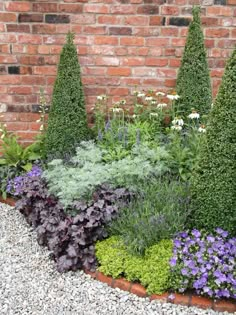 a garden filled with lots of plants next to a brick wall