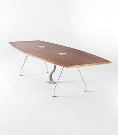 a wooden surfboard sitting on top of metal legs