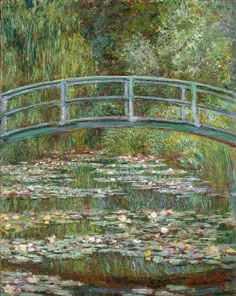 a painting of a bridge over a pond with water lilies