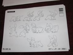 a sheet of paper with various drawings of eeon and pikachu characters on it