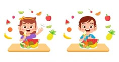 two children sitting at a table with fruits and vegetables in front of them, one boy eating