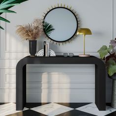 a black and white checkered floor with a round mirror on the wall above it