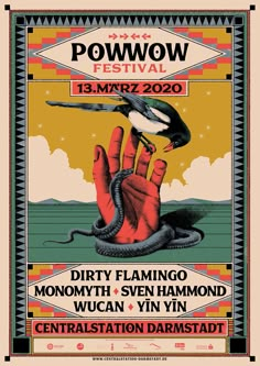 a poster for the powwo festival with a hand holding a snake in front of it