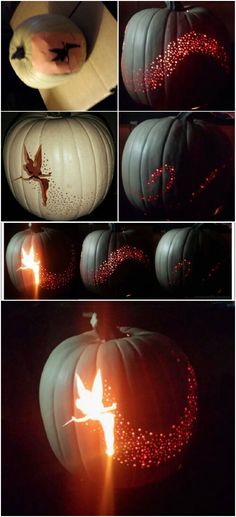 some pumpkins that are lit up in the dark