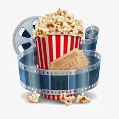 an illustration of a bucket of popcorn and a movie ticket on a film strip with watercolor splashes