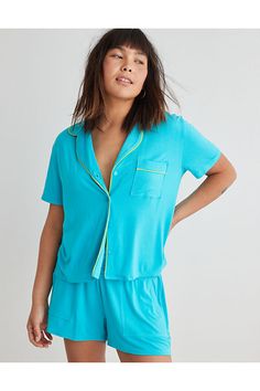 Real Soft® fabric (it's now Real Good!)/Button up/Front pocket (!!!)/Accessibility deets: lightweight fabric for comfort & air flow! Short Sleeve Sleepwear With Pockets For Lounging, Summer Blue Sleepwear With Button Closure, Button-up Tops With Pockets For Loungewear, Button-up Loungewear Tops With Pockets, Button-up Lounge Tops With Pockets, Blue Collared Relaxed Fit Sleepwear, Blue Short Sleeve Tops For Lounging, Blue Button-up Sleepwear With Button Closure, Casual Button-up Sleep Tops