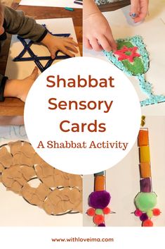 children making crafts with the words shabbat sensory cards