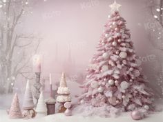 a pink christmas tree surrounded by candles and other decorations in front of a snowy background