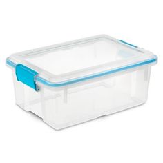 a plastic storage box with blue lid