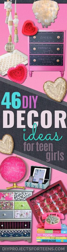 the cover of 46 diy decor ideas for teen girls, with pink and green accents