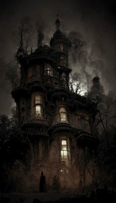 a creepy looking house with lots of windows