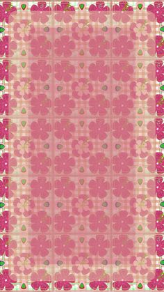 a pink and green floral design on a checkered background with hearts in the center