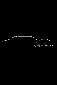 A black background with a minimalistic and modern white line drawing of Table Mountain, Cape Town. Underneath the line drawing is the words 'Cape Town' written in cursive. Mountain Outline Drawing, Mountain Outline, Tattoo 2024