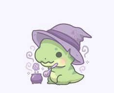 a green dinosaur wearing a purple hat and holding a pipe with steam coming out of it