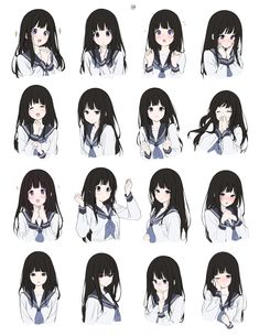 an anime character poses with her hand on her face and the other showing different expressions