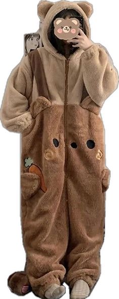 Teddy Bear Hooded Onesie Cute Hooded Outerwear, Cute Brown Winter Outerwear, Cute Winter Outerwear With Adjustable Hood, Kawaii Hooded Outerwear For Fall, Cute Warm Hooded Outerwear, Cute Hoodie With Pockets For Winter, Cute Winter Hoodie With Pockets, Soft Hooded Fall Outerwear, Winter Plush Long Sleeve Outerwear