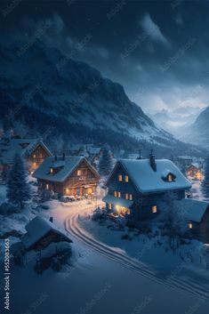 an image of a snowy village at night