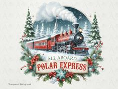 an old fashioned christmas card with a train on the front and snow covered trees in the background