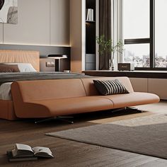 a bedroom with a bed, couch and bookcase in the corner next to a window