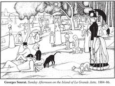 a drawing of people and dogs in a park