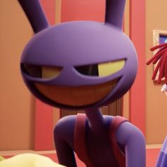 an animated character with dreadlocks standing next to another character in front of a pink wall