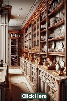 a kitchen with wooden cabinets and white dishes on the counter top, along with a wine rack filled with glasses