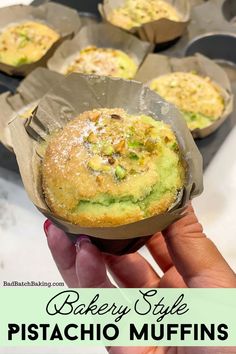 Green pistachio muffins in a pan Moist Pistachio Muffins, Popular Bakery Treats, Jumbo Pistachio Muffins, Pistachio Walnut Muffins, Pistachio Muffins Healthy, Gluten Free Pistachio Muffins, Trending Baked Goods, Professional Bakery Recipes