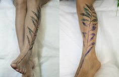 two pictures of the same person's legs with tattoos on them and one has a plant growing out of it