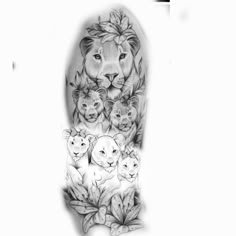 a black and white photo of a lion with cubs on it's leg tattoo