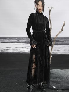 ❤︎Retro velvet splicing mesh slim black long dress❤︎ Long Sleeve Black Maxi Dress, Womens Velvet Dresses, Black Long Dress, Velvet Flower, Maxi Dress Long, Velvet Flowers, Flower Black, Dress Long Sleeves, Goth Dress