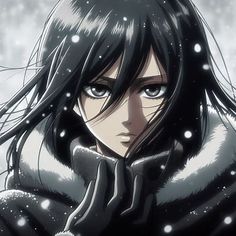 an anime character with long black hair wearing a fur coat and gloves in the snow