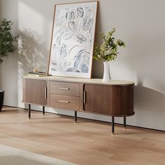 an art piece is on top of a wooden cabinet next to a potted plant