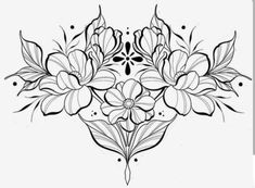 a black and white drawing of flowers with leaves on the bottom half of their petals